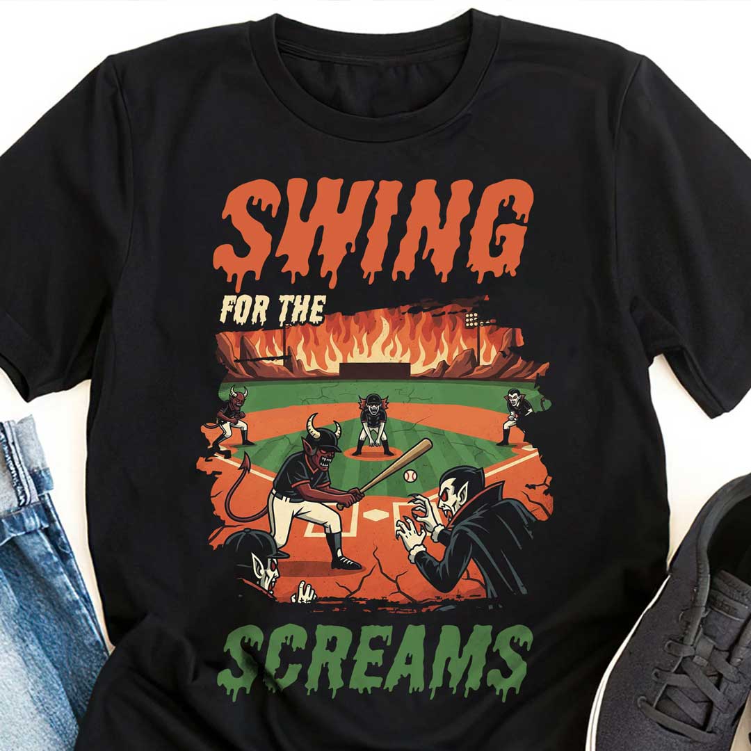 Swing For The Screams Black White Baseball Halloween T-Shirt