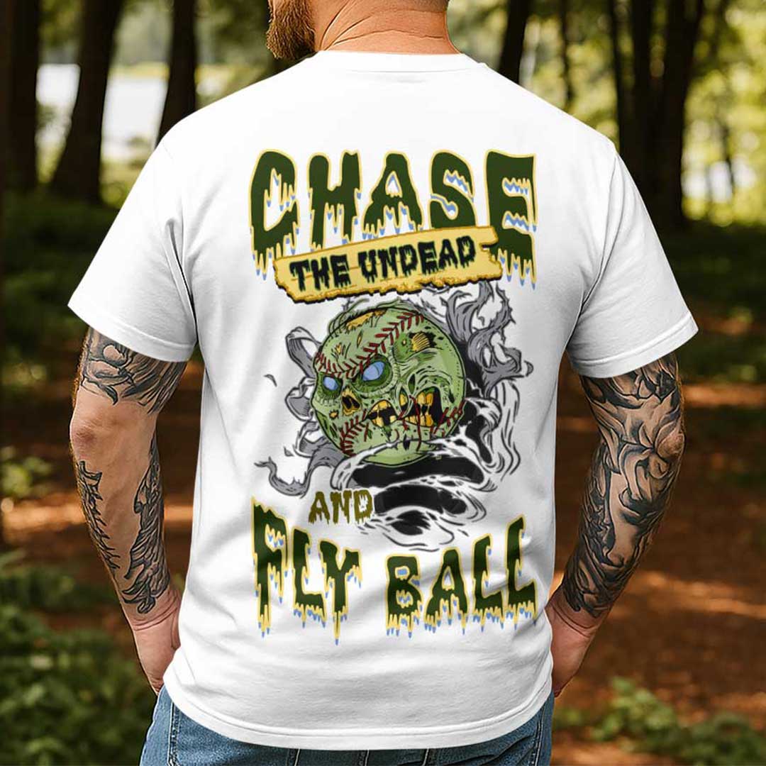 Chase The Undead And Fly Ball Black White Baseball Halloween T-Shirt