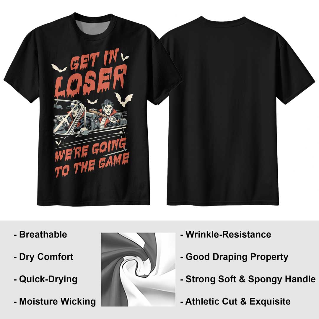 Get In Loser We're Going To The Game Black White Baseball Halloween T-Shirt