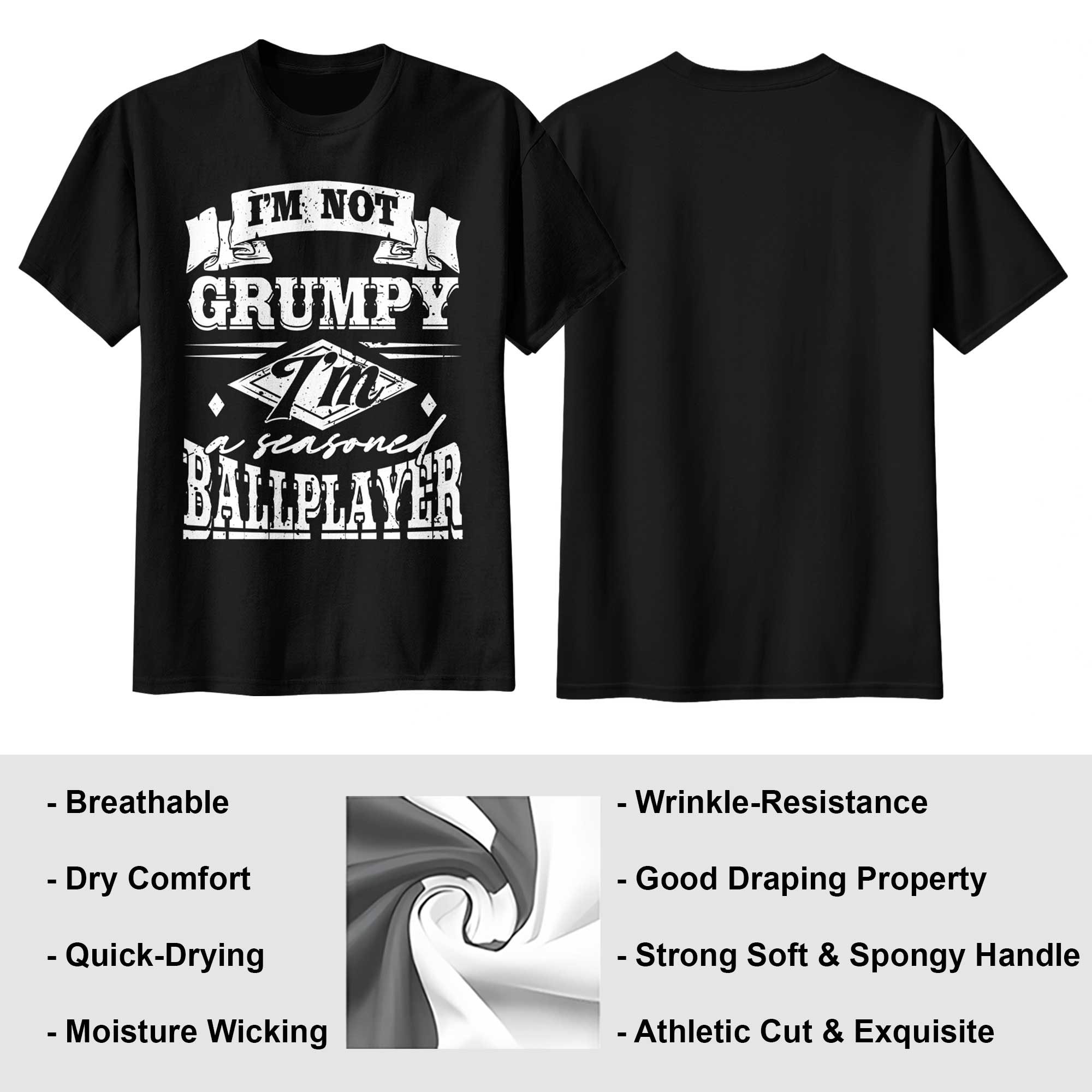 Not Grumpy But A Seasoned Ballplayer - Black Grey Baseball T-Shirt