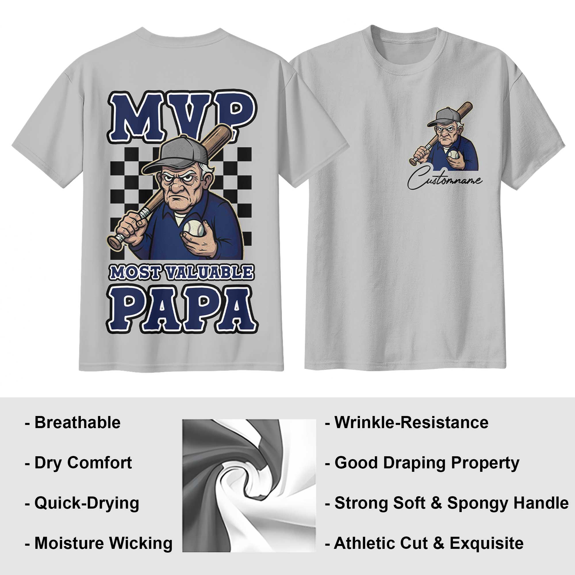 MVP Means Most Valuable Papa - Black Grey Two Sided Baseball T-Shirt