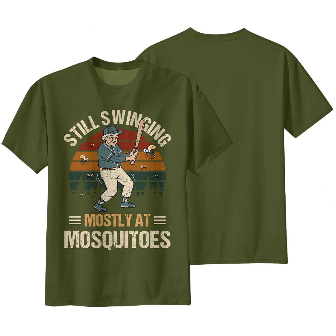 Still Swinging... Mostly At Mosquitoes - Black Grey Green Baseball T-Shirt