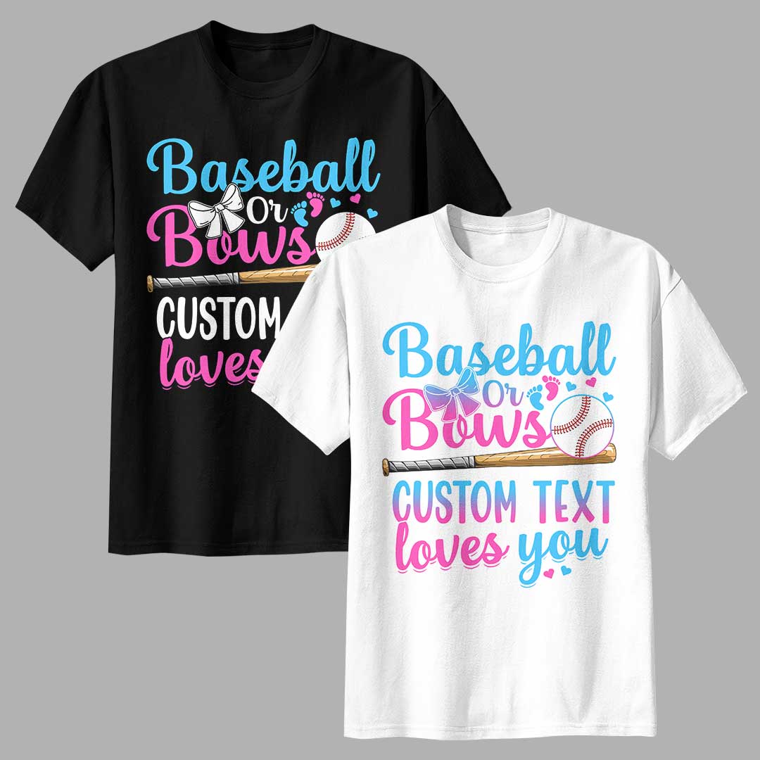 Baseball or Bows Genden Reveal - Black White Custom Baseball Couple T-Shirt