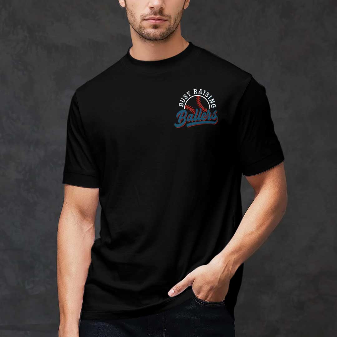 This Dad Only Raises Ballers - Black and White Baseball T-Shirt