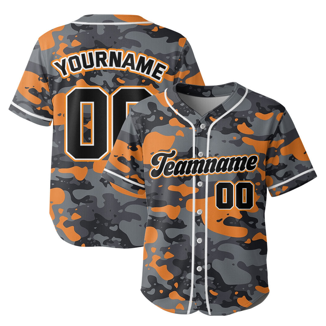 Custom Baseball Jersey with Orange Camouflage Pattern