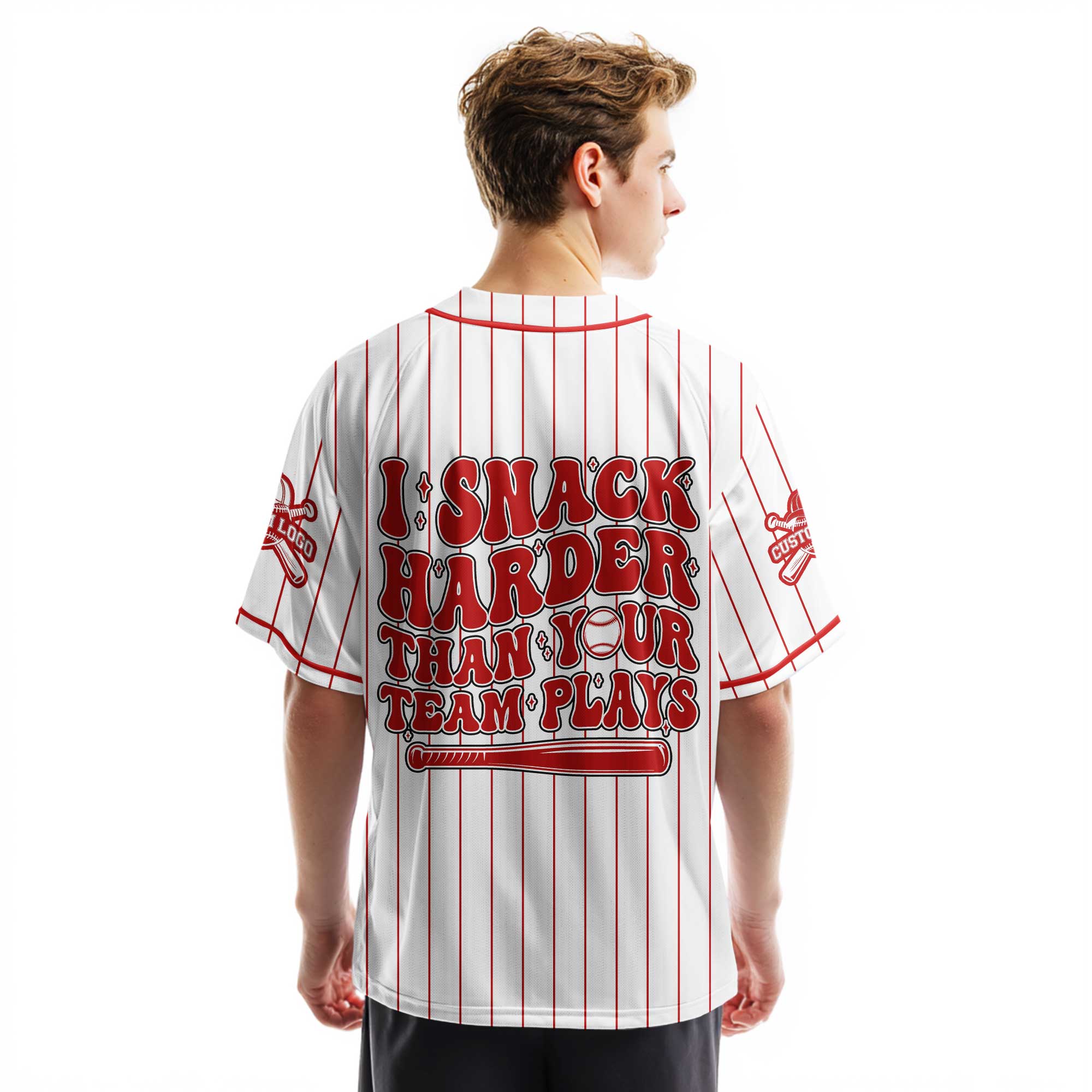 I Snack Harder Than Your Team Plays - Custom White with Red Stripes Baseball Jersey