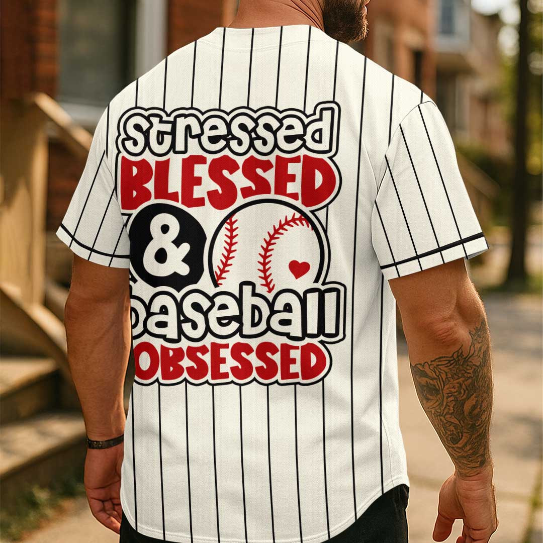 Stressed Blessed Baseball Obsessed - Custom Cream with Black Stripes Baseball Jersey