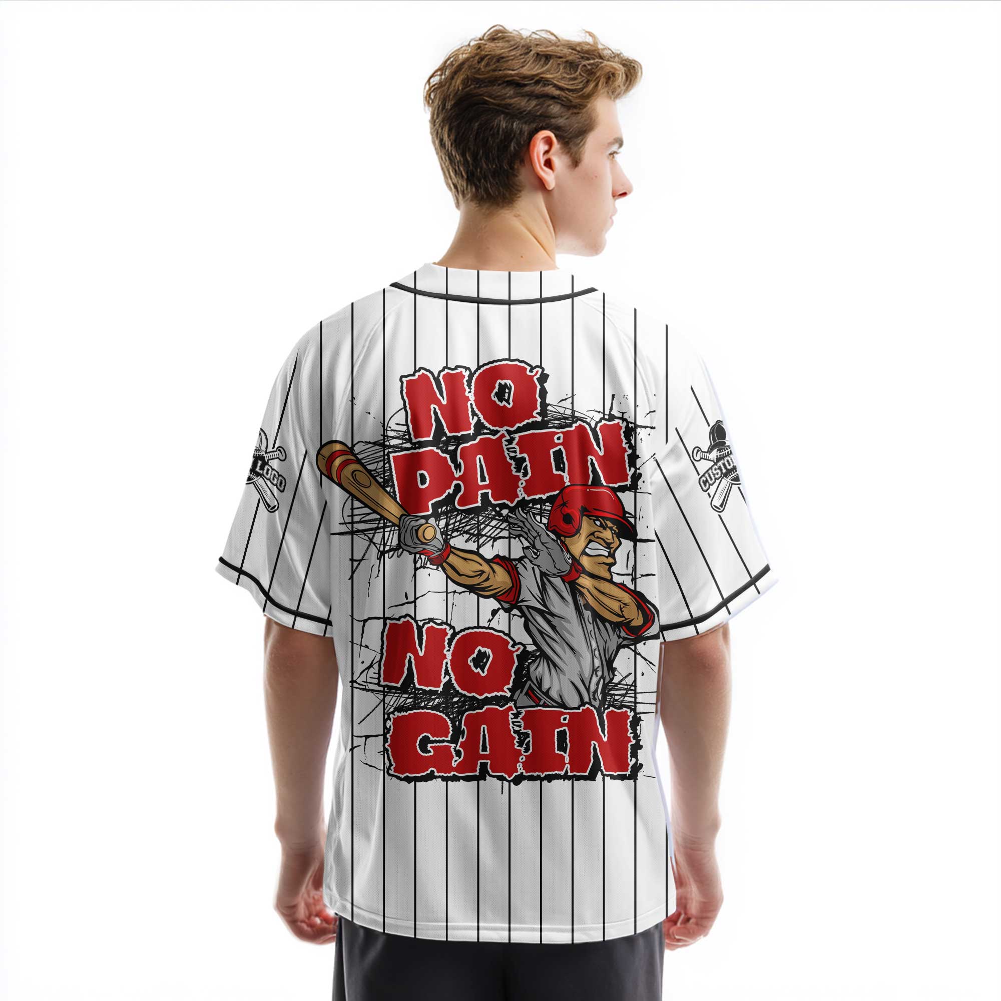 No Pain No Gain - Custom White Black Stripes Baseball Jersey