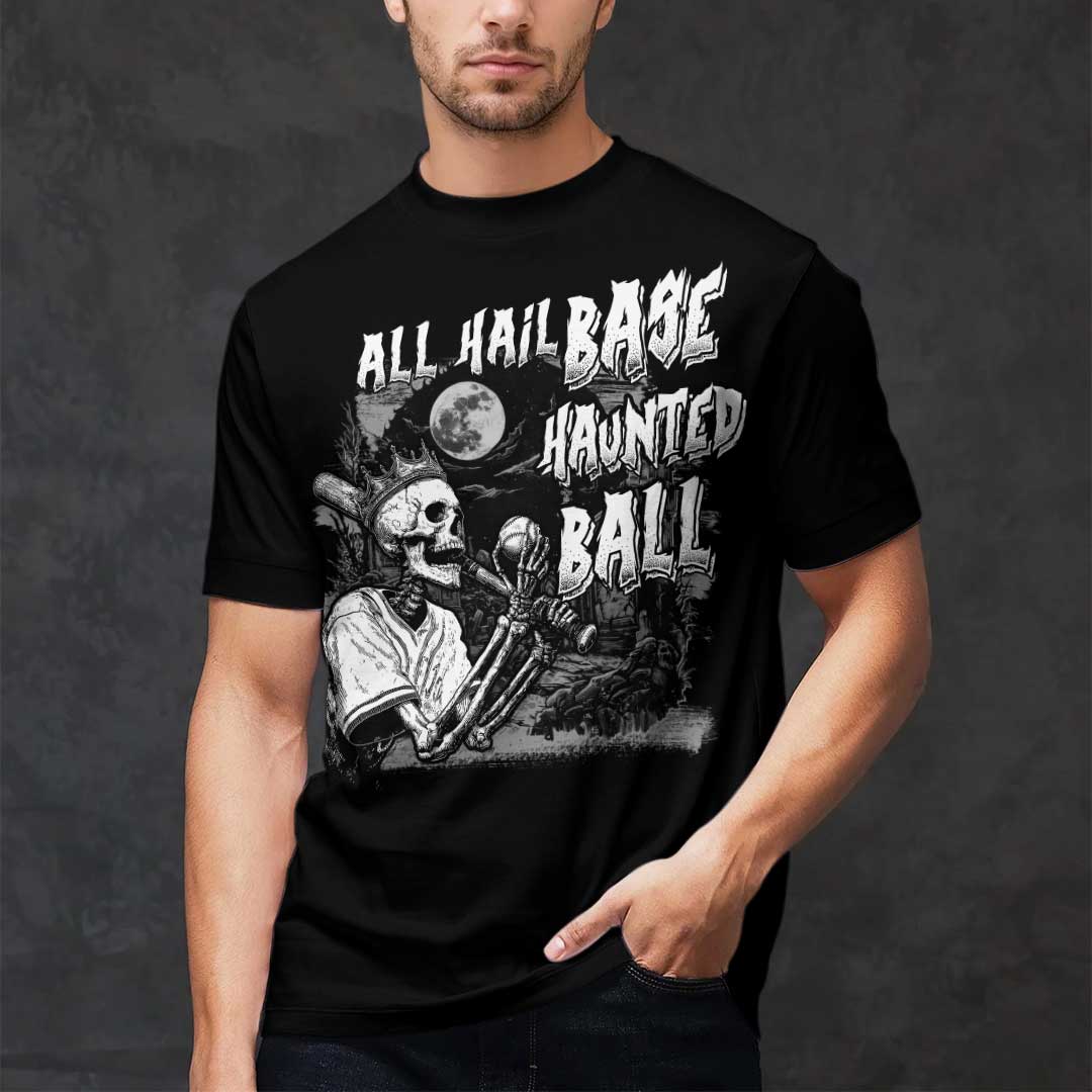 All Hail Base-Haunted-Ball Black White Baseball Halloween T-Shirt