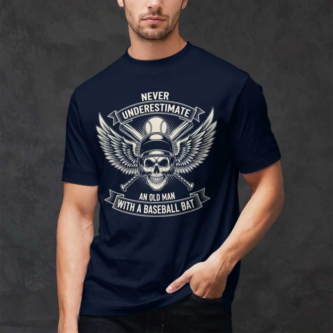 Never Underestimate Old Man - Black Navy Baseball T-Shirt