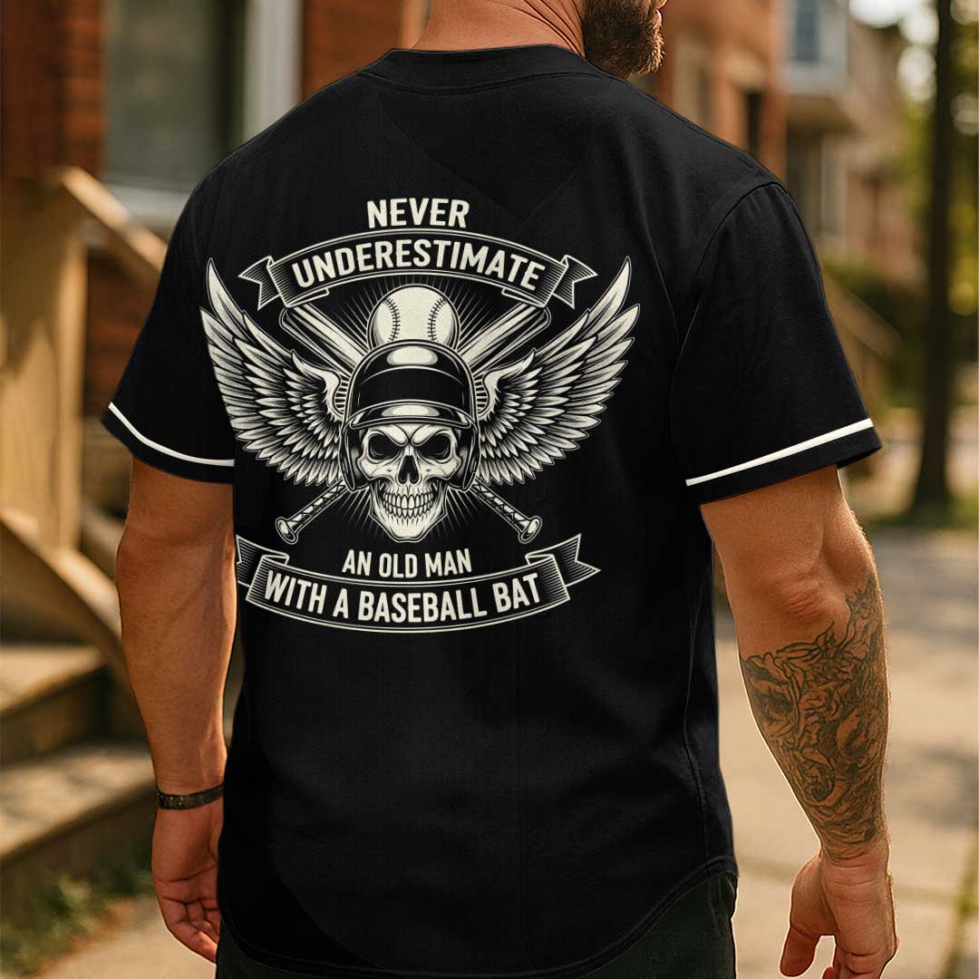 Never Underestimate Old Man - Custom Black Baseball Jersey