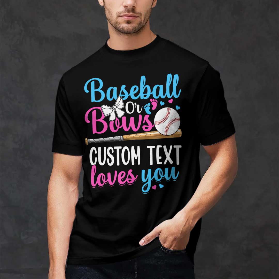 Baseball or Bows Genden Reveal - Black White Custom Baseball Couple T-Shirt