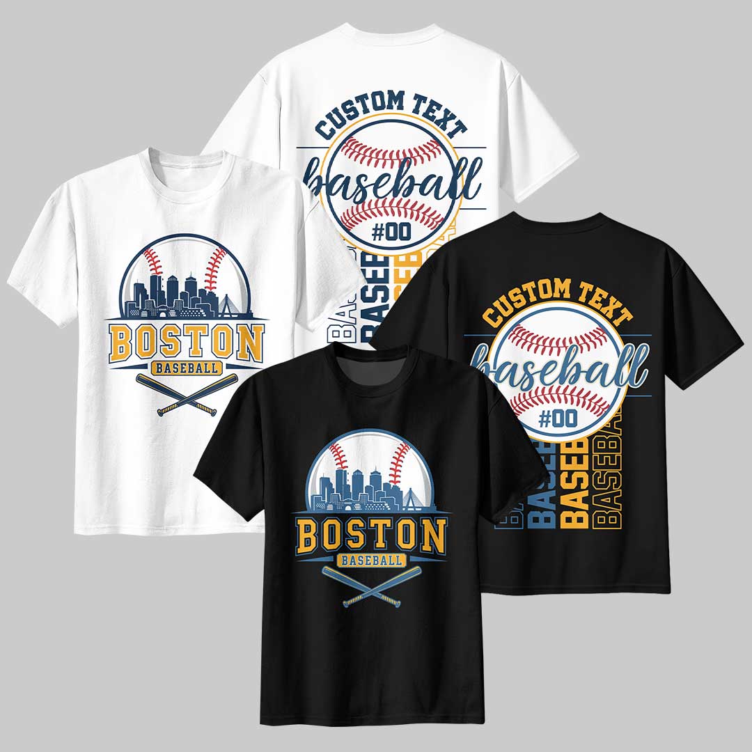 Baseball Boston State Series - Custom Black White Baseball T-Shirt