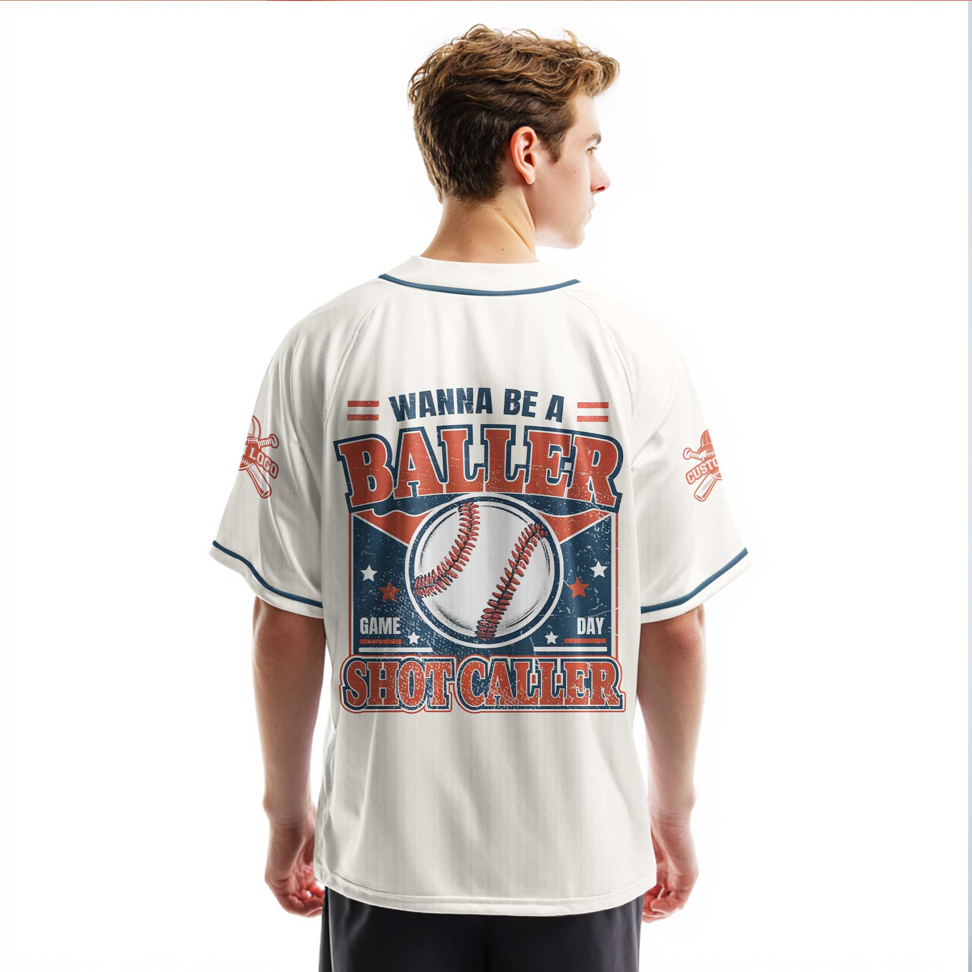 Wanna Be A Baller Shot Caller - Custom Cream Navy White Baseball Jersey