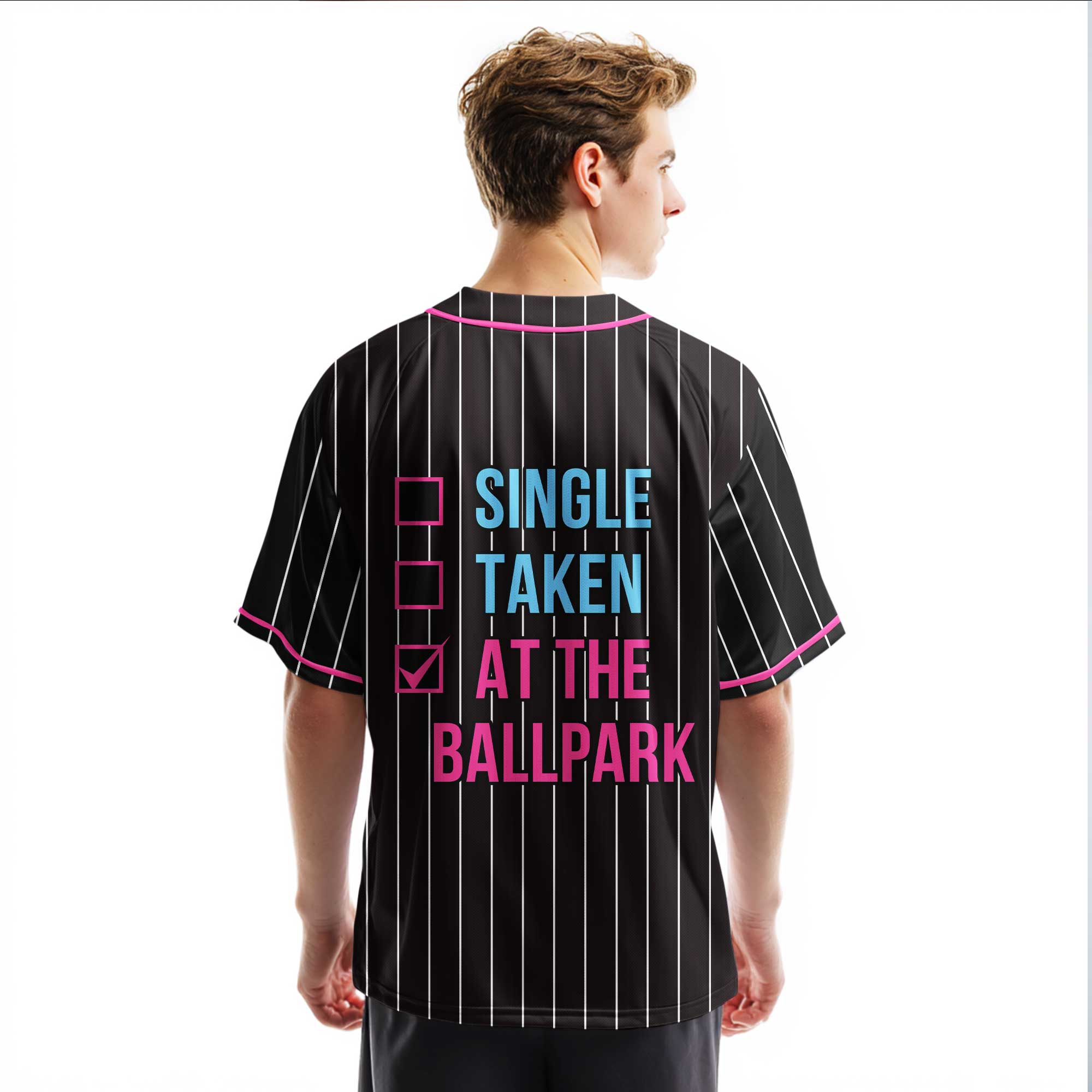 Not Single Not Taken At The Ballpark - Custom Black and Pink Baseball Jersey