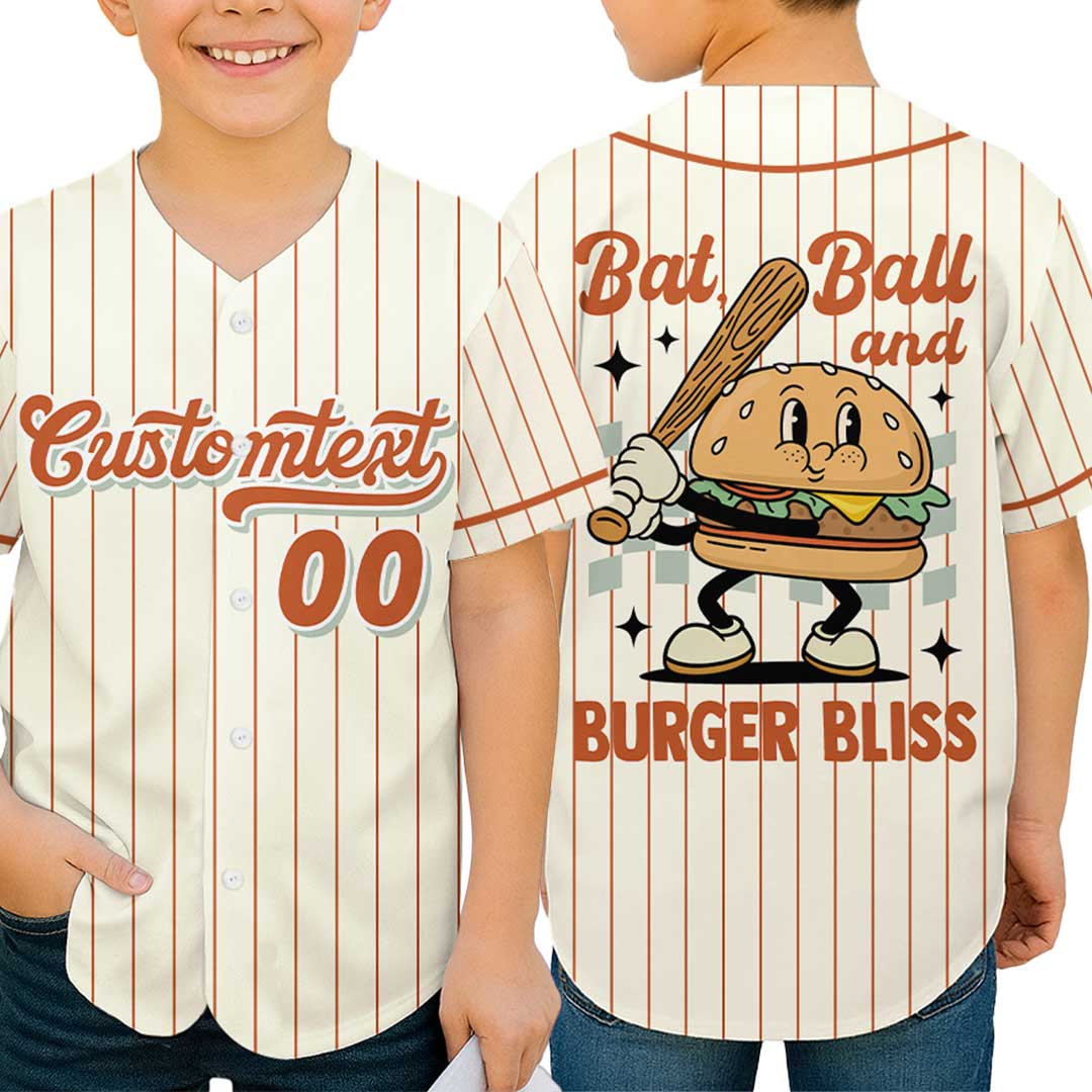 Bat, Ball and Burger Bliss - Custom Groovy Cream Baseball Jersey