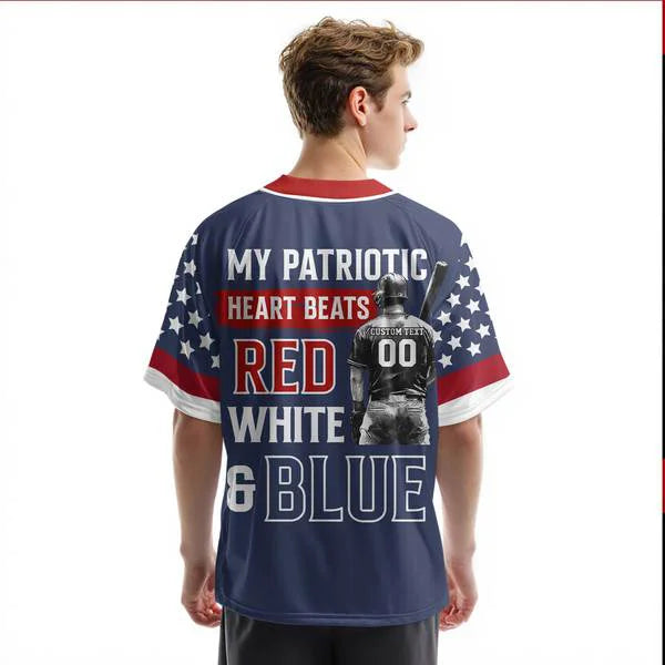 My Patriotic Heart Beats Red White & Blue - Men's American Flag Baseball Jersey 4th - Custom Name Custom Number