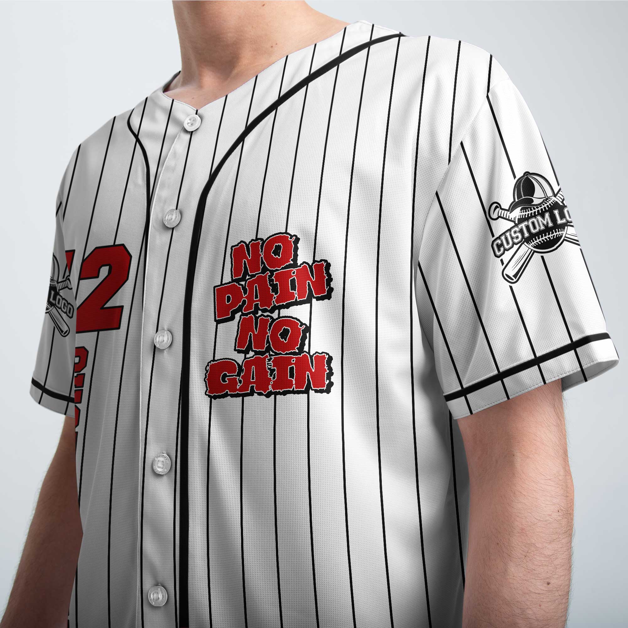 No Pain No Gain - Custom White Black Stripes Baseball Jersey