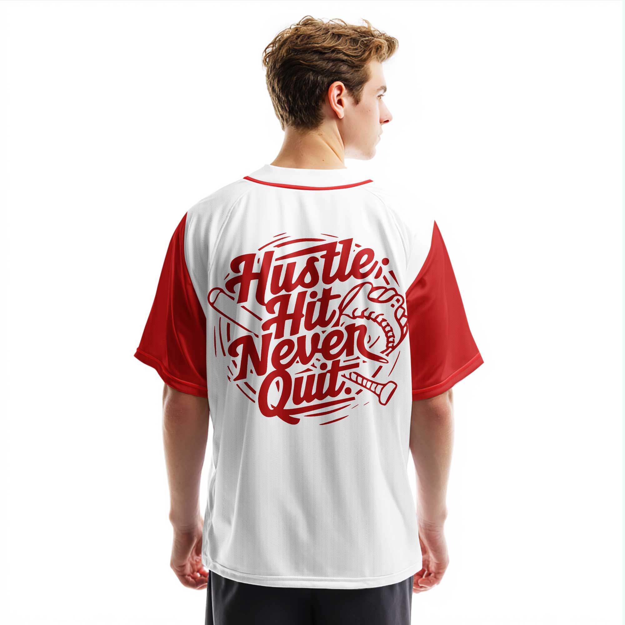 Hustle Hit Never Quit - Custom White and Red Raglan Baseball Jersey