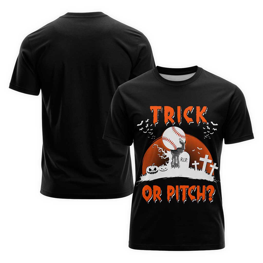Trick Or Pitch Black White Baseball Halloween T-Shirt