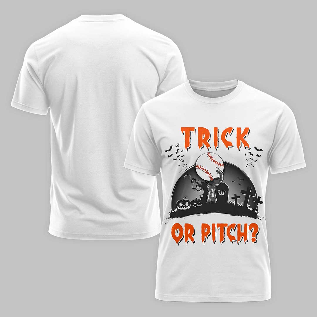 Trick Or Pitch Black White Baseball Halloween T-Shirt