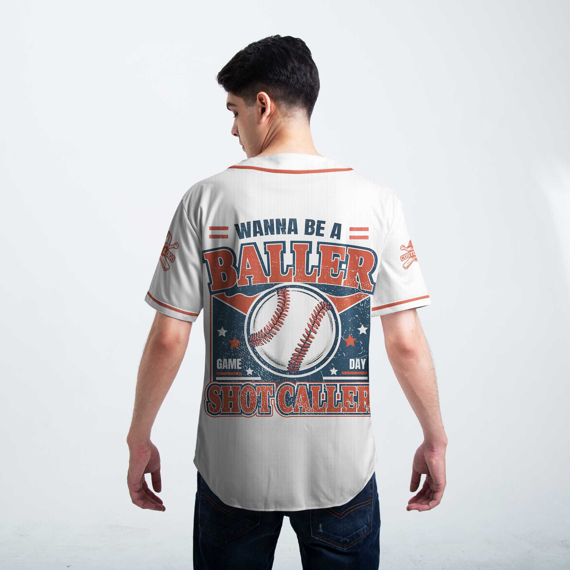 Wanna Be A Baller Shot Caller - Custom Cream Navy White Baseball Jersey