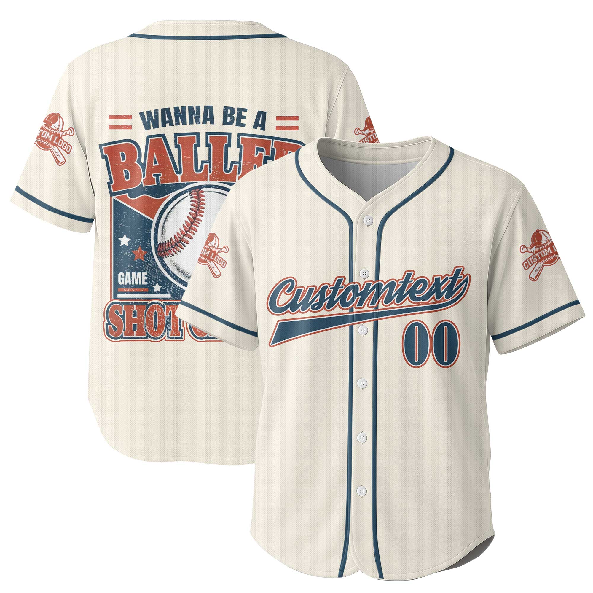 Wanna Be A Baller Shot Caller - Custom Cream Navy White Baseball Jersey